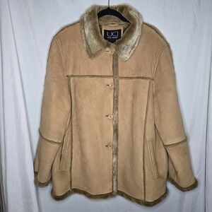 Vintage Utex Design Jacket Womens 2X Coat Tan Button Faux Fur Lining Soft Cozy